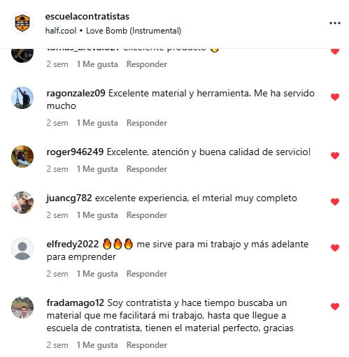 Comentarios de clientes en Instagram sobre Escuela de Contratistas