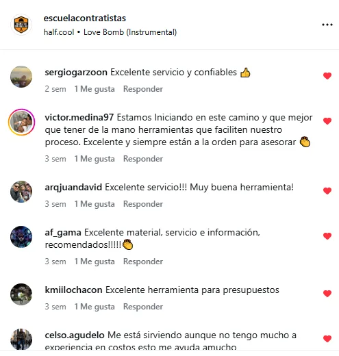 Comentarios de clientes en Instagram sobre Escuela de Contratistas