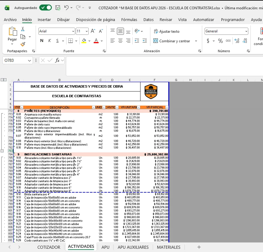 Vista de Actividades en la Base de Datos de APU 2026