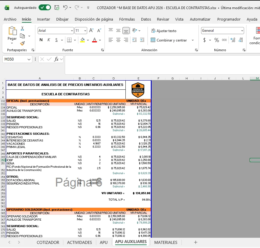 Vista de APU Auxiliares en la Base de Datos de APU 2026
