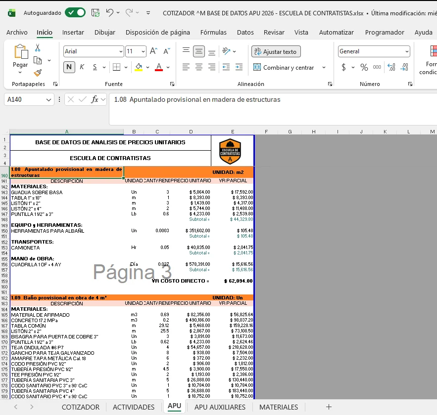 Vista de APU en la Base de Datos de APU 2026