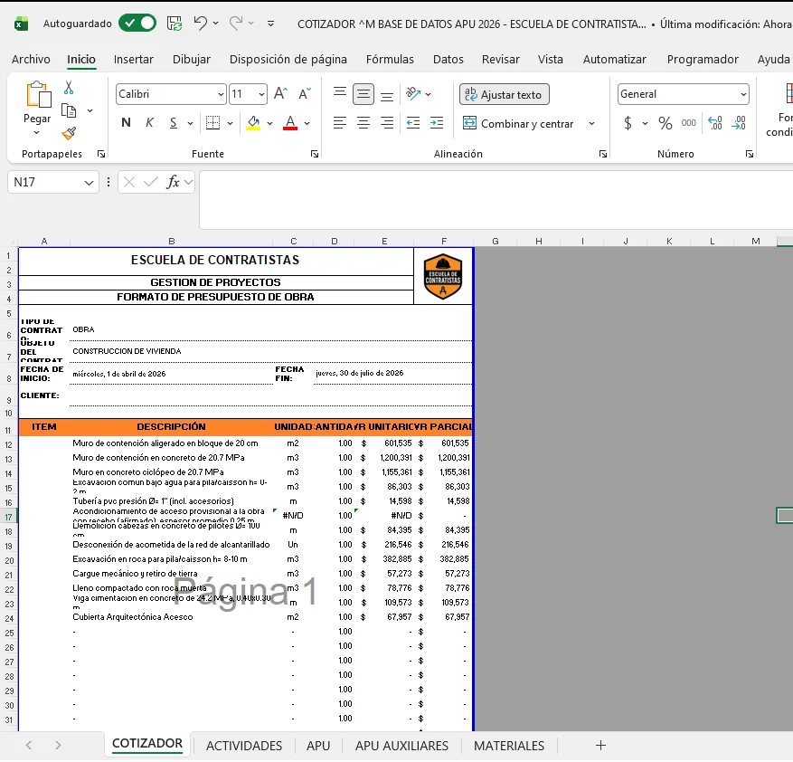 Vista del Cotizador en la Base de Datos de APU 2026