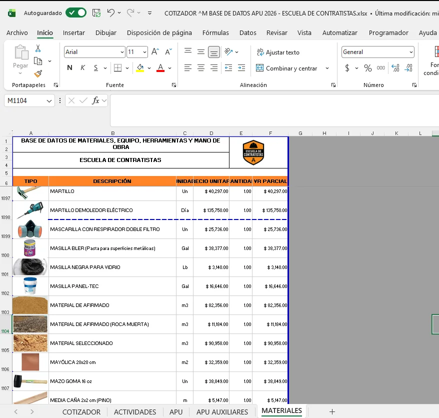 Vista de Materiales en la Base de Datos de APU 2026