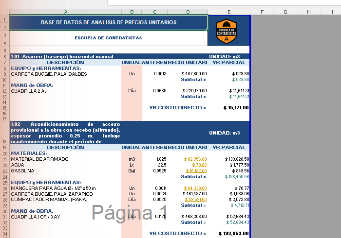 Hoja APU (base de datos) en modo avanzado